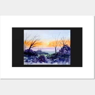 Misty Sunrise Watercolor Painting Posters and Art